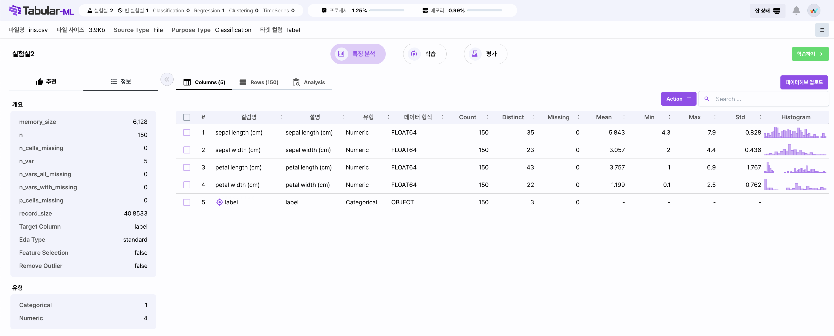 특징분석 화면